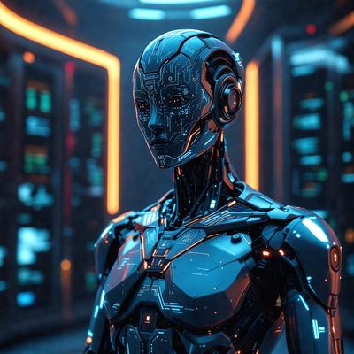 Primary subject: A robot with a human-like face.

Setting/background: The robot is standing in front of a wall with a lot of computer screens on it.

Visual style: The robot is a digital art creation.

Colors and mood: The robot has a blue and orange color scheme, giving it a futuristic and technological appearance.